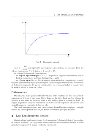 2 LES ECOULEMENTS DENSES




                              Fig. 7 – Contrainte verticale

                4D
    avec λ =          qui repr´sente une longueur caract´ristique du syst`me. Pour des
                              e                         e                 e
                µs K
valeurs classiques de K 0, 5 et µs 1, on a λ 2D.
    on observe l’existence de deux r´gimes :
                                    e
    – un r´gime hydrostatique (z << λ) : la pression augmente lin´airement avec la
           e                                                           e
      hauteur comme pour un ﬂuide classique (σzz = ρgλ)
    – un r´gime satur´ (z >> λ) : la pression sature et devient constante (σzz = ρgz)
           e             e
On peut ´galement remarquer que la longueur caract´ristique diminue quand le coeﬃcient
         e                                         e
de frottement augmente. Ce qui est plutot naturel car ce dernier traduit la capacit´ qu’a
                                                                                   e
la paroie a retenir la masse de grains.

Poids apparent :
   On remarque alors que la contrainte verticale reste constante au del` des hauteurs
                                                                            a
sup´rieures ` λ (c’est ` dire deux fois le diam`tre du silo). Ainsi une fois d´pass´ la
   e        a           a                        e                               e     e
hauteur λ tout ajout de mat´riau dans le silo n’aﬀecte plus la pression au fond : le
                               e
surplus de poids est support´ enti`rement par la friction sur les paroies. On observe alors
                            e     e
un poids apparent constant ` la base du silo.
                            a
   Nos r´sultats exp´rimenteux sont en accord avec la mod´lisation th´orique. Le simple
         e           e                                       e           e
mod`le de Janssen permet donc de justiﬁer les observation pratiques r´alis´es.
    e                                                                    e e


2    Les Ecoulements denses
   On entend par ´coulements denses des ´coulements s’eﬀectuant le long d’une surface,
                   e                       e
de mani`re ”coulante”, par oppposition aux ´coulements tr`s rapides lors desquels le milieu
        e                                  e             e
granulaire s’apparente ` un gaz (avalanche en a´rosol).
                       a                        e

                                            9
 
