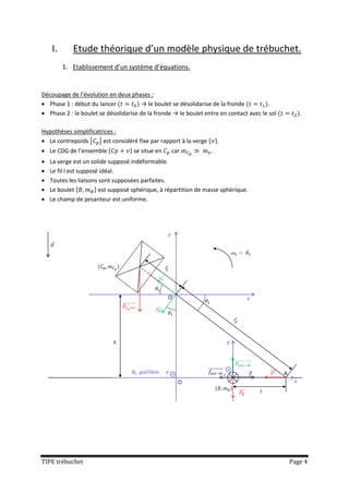 I.       Etude théorique d’un modèle physique de trébuchet.
         1. Etablissement d’un système d’équations.


Découpage de l’évolution en deux phases :
 Phase 1 : début du lancer           → le boulet se désolidarise de la fronde         .
 Phase 2 : le boulet se désolidarise de la fronde → le boulet entre en contact avec le sol      .

Hypothèses simplificatrices :
 Le contrepoids { } est considéré fixe par rapport à la verge { }.
 Le CDG de l’ensemble {       } se situe en car                .
   La verge est un solide supposé indéformable.
   Le fil l est supposé idéal.
   Toutes les liaisons sont supposées parfaites.
   Le boulet {        } est supposé sphérique, à répartition de masse sphérique.
   Le champ de pesanteur est uniforme.




TIPE trébuchet                                                                                Page 4
 