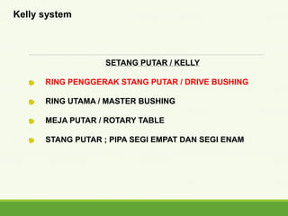 SETANG PUTAR / KELLY
RING PENGGERAK STANG PUTAR / DRIVE BUSHING
RING UTAMA / MASTER BUSHING
MEJA PUTAR / ROTARY TABLE
STANG PUTAR ; PIPA SEGI EMPAT DAN SEGI ENAM
Kelly system
 