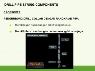 CROSSOVER
PENGHUBUNG DRILL COLLAR DENGAN RANGKAIAN PIPA
Memiliki pin / sambungan laki2 yang khusus
Memiliki box / sambungan perempuan yg khusus juga
DRILL PIPE STRING COMPONENTS
 