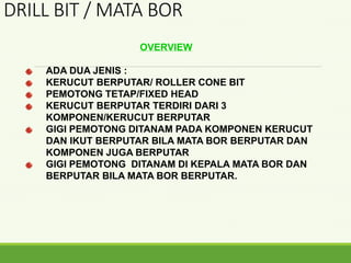 OVERVIEW
ADA DUA JENIS :
KERUCUT BERPUTAR/ ROLLER CONE BIT
PEMOTONG TETAP/FIXED HEAD
KERUCUT BERPUTAR TERDIRI DARI 3
KOMPONEN/KERUCUT BERPUTAR
GIGI PEMOTONG DITANAM PADA KOMPONEN KERUCUT
DAN IKUT BERPUTAR BILA MATA BOR BERPUTAR DAN
KOMPONEN JUGA BERPUTAR
GIGI PEMOTONG DITANAM DI KEPALA MATA BOR DAN
BERPUTAR BILA MATA BOR BERPUTAR.
DRILL BIT / MATA BOR
 