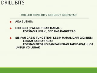 ROLLER CONE BIT / KERUCUT BERPUTAR
ADA 2 JENIS;
GIGI BESI ( PALING TIDAK MAHAL )
FORMASI LUNAK , SEDANG DANKERAS
SISIPAN CABID TUNGSTEN ( LEBIH MAHAL DARI GIGI BESI
LOGAM SANGAT KUAT
FORMASI SEDANG SAMPAI KERAS TAPI DAPAT JUGA
UNTUK YG LUNAK
DRILL BITS
 