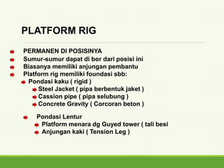 Sumur-sumur dapat di bor dari posisi ini
Biasanya memiliki anjungan pembantu
Platform rig memiliki foundasi sbb:
Pondasi kaku ( rigid )
Steel Jacket ( pipa berbentuk jaket )
Cassion pipe ( pipa selubung )
Concrete Gravity ( Corcoran beton )
PLATFORM RIG
PERMANEN DI POSISINYA
Pondasi Lentur
Platform menara dg Guyed tower ( tali besi
Anjungan kaki ( Tension Leg )
 