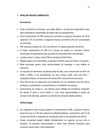 19



7. ANÁLISE MACRO AMBIENTAL


    Econômico


   Crise econômica na Europa, que pode afetar a compra de maquinários caso
    seja necessária a exportação de algum tipo de equipamento;
   Fraco crescimento do PIB nacional no primeiro e segundo trimestres de 2012
    (apenas 0,1% no primeiro; o segundo cresceu somente 0,4% em comparação
    ao primeiro);
   PIB nacional cresceu só 1,2% nos últimos 12 meses (até julho de 2012);
   O baixo crescimento do PIB foi a causa da queda no consumo interno
    provocado principalmente pelo aumento do endividamento das famílias;
   Jundiaí possui o oitavo maior PIB do estado de São Paulo;
   Região segue em crescimento; empresas visando cada vez mais o município;
   Mais empresas geram mais oportunidades de emprego, o que reflete no
    consumo;
   O mercado de alimentos saudáveis está em alta, com crescimento de 82% de
    2004 a 2009, e há perspectivas de que cresça ainda mais até 2014 –
    projeções indicam um aumento de outros 39% nos próximos dois anos;
   Pelo fato de ser um segmento em evidência, há um constante risco de novos
    entrantes, aumentando a concorrência e a rivalidade nos preços;
   Crescimento da classe C, nos últimos anos milhões de brasileiros migraram
    da classe D para a nova classe C, com mais oportunidades e poder de
    compra mais elevado, gerando o aumento de consumo desse público.


    Político/legal


   Em resposta à crise e para acelerar o crescimento do PIB, o governo reduziu
    taxas de juros e o IPI dos setores de eletrodomésticos, automóveis (até 31 de
    outubro de 2012) e materiais de construção (até 31 de dezembro de 2012);
   Essas mudanças podem refletir indiretamente no negócio, já que com a
    redução, as pessoas economizarão e terão mais dinheiro sobrando para
    consumir outros bens, como alimentos.
 