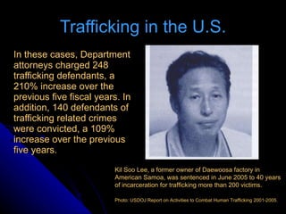 Trafficking in the U.S. <ul><li>In these cases, Department attorneys charged 248 trafficking defendants, a 210% increase o...