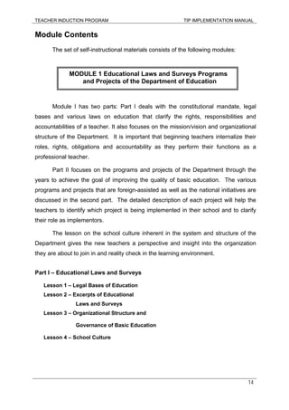 TEACHER INDUCTION PROGRAM TIP IMPLEMENTATION MANUAL
14
Module Contents
The set of self-instructional materials consists of the following modules:
Module I has two parts: Part I deals with the constitutional mandate, legal
bases and various laws on education that clarify the rights, responsibilities and
accountabilities of a teacher. It also focuses on the mission/vision and organizational
structure of the Department. It is important that beginning teachers internalize their
roles, rights, obligations and accountability as they perform their functions as a
professional teacher.
Part II focuses on the programs and projects of the Department through the
years to achieve the goal of improving the quality of basic education. The various
programs and projects that are foreign-assisted as well as the national initiatives are
discussed in the second part. The detailed description of each project will help the
teachers to identify which project is being implemented in their school and to clarify
their role as implementors.
The lesson on the school culture inherent in the system and structure of the
Department gives the new teachers a perspective and insight into the organization
they are about to join in and reality check in the learning environment.
Part I – Educational Laws and Surveys
Lesson 1 – Legal Bases of Education
Lesson 2 – Excerpts of Educational
Laws and Surveys
Lesson 3 – Organizational Structure and
Governance of Basic Education
Lesson 4 – School Culture
MODULE 1 Educational Laws and Surveys Programs
and Projects of the Department of Education
 