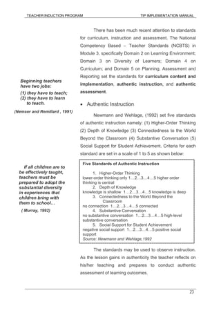 TEACHER INDUCTION PROGRAM TIP IMPLEMENTATION MANUAL
23
There has been much recent attention to standards
for curriculum, instruction and assessment. The National
Competency Based – Teacher Standards (NCBTS) in
Module 3, specifically Domain 2 on Learning Environment;
Domain 3 on Diversity of Learners; Domain 4 on
Curriculum; and Domain 5 on Planning, Assessment and
Reporting set the standards for curriculum content and
implementation, authentic instruction, and authentic
assessment.
• Authentic Instruction
Newmann and Wehlage, (1992) set five standards
of authentic instruction namely: (1) Higher-Order Thinking
(2) Depth of Knowledge (3) Connectedness to the World
Beyond the Classroom (4) Substantive Conversation (5)
Social Support for Student Achievement. Criteria for each
standard are set in a scale of 1 to 5 as shown below:
The standards may be used to observe instruction.
As the lesson gains in authenticity the teacher reflects on
his/her teaching and prepares to conduct authentic
assessment of learning outcomes.
Five Standards of Authentic Instruction
1. Higher-Order Thinking
lower-order thinking only 1…2…3…4…5 higher order
thinking is central
2. Depth of Knowledge
knowledge is shallow 1…2…3…4…5 knowledge is deep
3. Connectedness to the World Beyond the
Classroom
no connection 1…2…3…4…5 connected
4. Substantive Conversation
no substantive conversation 1…2…3…4…5 high-level
substantive conversation
5. Social Support for Student Achievement
negative social support 1…2…3…4…5 positive social
support
Source: Newmann and Wehlage,1992
Beginning teachers
have two jobs:
(1) they have to teach;
(2) they have to learn
to teach.
(Nemser and Remillard , 1991)
If all children are to
be effectively taught,
teachers must be
prepared to adopt the
substantial diversity
in experiences that
children bring with
them to school…
( Murray, 1992)
 