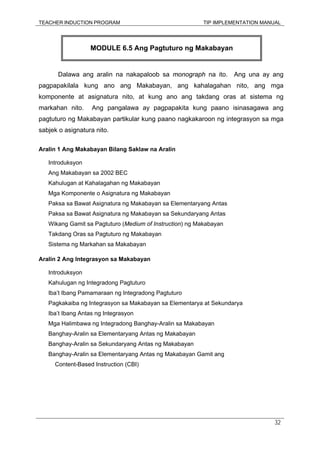 TEACHER INDUCTION PROGRAM TIP IMPLEMENTATION MANUAL
32
Dalawa ang aralin na nakapaloob sa monograph na ito. Ang una ay ang
pagpapakilala kung ano ang Makabayan, ang kahalagahan nito, ang mga
komponente at asignatura nito, at kung ano ang takdang oras at sistema ng
markahan nito. Ang pangalawa ay pagpapakita kung paano isinasagawa ang
pagtuturo ng Makabayan partikular kung paano nagkakaroon ng integrasyon sa mga
sabjek o asignatura nito.
Aralin 1 Ang Makabayan Bilang Saklaw na Aralin
Introduksyon
Ang Makabayan sa 2002 BEC
Kahulugan at Kahalagahan ng Makabayan
Mga Komponente o Asignatura ng Makabayan
Paksa sa Bawat Asignatura ng Makabayan sa Elementaryang Antas
Paksa sa Bawat Asignatura ng Makabayan sa Sekundaryang Antas
Wikang Gamit sa Pagtuturo (Medium of Instruction) ng Makabayan
Takdang Oras sa Pagtuturo ng Makabayan
Sistema ng Markahan sa Makabayan
Aralin 2 Ang Integrasyon sa Makabayan
Introduksyon
Kahulugan ng Integradong Pagtuturo
Iba’t Ibang Pamamaraan ng Integradong Pagtuturo
Pagkakaiba ng Integrasyon sa Makabayan sa Elementarya at Sekundarya
Iba’t Ibang Antas ng Integrasyon
Mga Halimbawa ng Integradong Banghay-Aralin sa Makabayan
Banghay-Aralin sa Elementaryang Antas ng Makabayan
Banghay-Aralin sa Sekundaryang Antas ng Makabayan
Banghay-Aralin sa Elementaryang Antas ng Makabayan Gamit ang
Content-Based Instruction (CBI)
MODULE 6.5 Ang Pagtuturo ng Makabayan
 