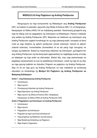 TEACHER INDUCTION PROGRAM TIP IMPLEMENTATION MANUAL
33
Nangunguna sa mga komponente ng Makabayan ang Araling Panlipunan
(AP) sa mataas na paaralan, gayundin ang Sibika at Kultura (SK) 1-3, at Heograpiya,
Kasaysayan at Sibika (HKS) 4-6 sa mababang paaralan. Karaniwang ginagamit ang
mga ito bilang core sa pagpaplano ng instruksyon sa Makabayan. Paano’y malawak
ang saklaw ng Araling Panlipunan (AP). Mayaman sa nilalaman ng instruksyon ang
Araling Panlipunan pagkat humahango ito ng mga paksang-aralin, konsepto at tema
mula sa mga disiplina ng agham panlipunan (social sciences), natural na agham
(natural sciences), humanidades (humanities) at sa iba pang mga nauugnay na
sangay ng kaalaman. Bukod sa mayamang nilalaman ng instruksyon, gumagamit din
ang Araling Panlipunan ng iba-ibang lapit (approaches) na nagbibigay buhay at kulay
sa talakayan ng mga aralin sa silid-aralan. Bukod dito, may mga pamamaraan sa
pagtataya (assessment) na susi sa epektibong instruksyon. Lahat ng mga ito ay alay
sa mga gurong kalahok sa Induction Program sa pagtuturo ng Araling Panlipunan.
Alay rin ito sa mga guro ng Araling Panlipunan na nais makilahok sa continuing
education na ibinabahagi ng Modyul 6.6 Pagtuturo ng Araling Panlipunan sa
Batayang Edukasyon.
Aralin 1 Ang Edukasyong Araling Panlipunan
Introduksyon
Mga Layunin
Pundasyong Historikal ng Araling Panlipunan
Mga Depinisyon ng Araling Panlipunan
Mga Layunin ng Sibika at Kultura (SK), Heograpiya,
Kasaysayan at Sibika (HKS) at Araling Panlipunan (AP)
Aralin 2 Pagpaplano ng Instruksyon sa Araling Panlipunan
Introduksyon
Mga Layunin
Pagpaplano ng Instruksyon
Pagsulat ng mga Layuning Instruksyunal
Pag-oorganisa ng Nilalaman ng Instruksyon
Mga Modelong Estratehiya sa Pagtuturo
Mga Graphic Organizers
MODULE 6.6 Ang Pagtuturo ng Araling Panlipunan
 