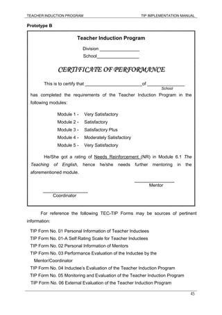 TEACHER INDUCTION PROGRAM TIP IMPLEMENTATION MANUAL
45
Prototype B
For reference the following TEC-TIP Forms may be sources of pertinent
information:
TIP Form No. 01 Personal Information of Teacher Inductees
TIP Form No. 01-A Self Rating Scale for Teacher Inductees
TIP Form No. 02 Personal Information of Mentors
TIP Form No. 03 Performance Evaluation of the Inductee by the
Mentor/Coordinator
TIP Form No. 04 Inductee’s Evaluation of the Teacher Induction Program
TIP Form No. 05 Monitoring and Evaluation of the Teacher Induction Program
TIP Form No. 06 External Evaluation of the Teacher Induction Program
Teacher Induction Program
Division ________________
School_________________
CERTIFICATE OF PERFORMANCE
This is to certify that _______________________of _______________
School
has completed the requirements of the Teacher Induction Program in the
following modules:
Module 1 - Very Satisfactory
Module 2 - Satisfactory
Module 3 - Satisfactory Plus
Module 4 - Moderately Satisfactory
Module 5 - Very Satisfactory
He/She got a rating of Needs Reinforcement (NR) in Module 6.1 The
Teaching of English, hence he/she needs further mentoring in the
aforementioned module.
________________
Mentor
__________________
Coordinator
 