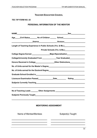 TEACHER INDUCTION PROGRAM TIP IMPLEMENTATION MANUAL
50
TEACHER EDUCATION COUNCIL
TEC TIP FORM NO. 02
PERSONAL INFORMATION OF THE MENTOR
NAME___________________________________________________Sex______________
Age_____Civil Status_______ No of Children ______ School______________________
_____________________District__________________ Division_____________________
Length of Teaching Experience in Public Schools (Yrs. & Mo.)_____________________
Private Schools (Yrs. & Mo.)____________________
College Degree Earned __________________Major/Specialization__________________
College/University Graduated From ______________Year Graduated_______________
Honors Received in College___________________Other Distinctions_______________
No. of Units earned for the Master’s Degree____________________________________
No. of Units earned for the Doctoral Degree____________________________________
Graduate School Enrolled in_________________________________________________
Licensure Examination Passed_______________Date_________ Rating ___________
Subjects Currently Teaching_________________________________________________
_________________________________________________________________________
No of Teaching Loads _______ Other Assignments _____________________________
Subjects Previously Taught__________________________________________________
_________________________________________________________________________
MENTORING ASSIGNMENT
Name of Mentee/Mentees Subject(s) Taught
______________________________ _____________________________
______________________________ _____________________________
______________________________ _____________________________
 