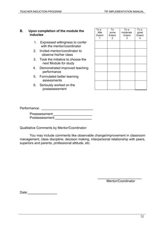 TEACHER INDUCTION PROGRAM TIP IMPLEMENTATION MANUAL
52
B. Upon completion of the module the
inductee
1. Expressed willingness to confer
with the mentor/coordinator
2. Invited mentor/coordinator to
observe his/her class
3. Took the initiative to choose the
next Module for study
4. Demonstrated improved teaching
performance
5. Formulated better learning
assessments
6. Seriously worked on the
postassessment
Performance: ____________________________
Preassessment:_____________________
Postassessment:____________________
Qualitative Comments by Mentor/Coordinator:
You may include comments like observable change/improvement in classroom
management, class discipline, decision making, interpersonal relationship with peers,
superiors and parents, professional attitude, etc.
________________________
Mentor/Coordinator
Date:________________
To a
little
Extent
1
To
some
Extent
2
To a
moderate
Extent
3
To a
great
Extent
4
 