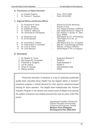 TEACHER INDUCTION PROGRAM TIP IMPLEMENTATION MANUAL
68
B. Commission on Higher Education
1. Dr. Cristina Padolina - Chair, TPTE-CHED
2. Dr. Teoticia C. Taguibao - Chief, OPS-CHED
C. Regional Offices and Division Offices
1. Dr. Paraluman R. Giron - Director IV R-IV-B, Mimaropa
2. Dr. Jesus L. Nieves - Director IV R-IX
3. Dr. Isabelita M. Borres - Asst. Regional Director, CARAGA
4. Dr. Teofila R. Villanueva - Asst. Regional Director, Region III
5. Dir. Somerado M. Pandapatan - OIC Director II, Bureau of Elem.
Educ. ARMM
6. Dr. Rosalinda Luna - SDS Region III, Div. of Pampanga
7. Dr. Emma Bautista - SDS Region IV-A, Div. of
Batangas
8. Dr. Veneranda S. Atienza - SDS Region IV-B, Div. of Calapan
9. Dr. Habib Adzhar H. Sarahadil - SDS Div. of Zamboanga del Norte
10. Dr. Lucia S. Castro - SDS Div. of Bislig, CARAGA
11. Dr. Lorna Manauis - ASDS Region II, Div. of Cagayan
D. Secretariat
1. Dr. Beatriz G. Torno - Executive Director II
2. Rex Augus M. Fernandez - DEMO II
3. Frederick S. Gregorio - Artist Illustrator II
4. Jun M. Garcia - REMO II
5. Vivien R. Gacula - Administrative Aide
6. Marian Anclote - SPES
Preservice education of teachers is a key to achieving sustainable
quality basic education.Since DepEd has the biggest stakes in teachers’
preservice program, it should demand for more rigorous classroom-based
training for future teachers. The DepEd shall institutionalize the Teacher
Induction Program in the division and school levels of DepEd and promote
the welfare of teachers and related personnel the next six years of the Plan
period.
Upgrading the Quality of Preservice
Teacher Education and Providing
Continuum with Inservice Training
Medium-Term Philippine
Development Plan 2004-2010
 