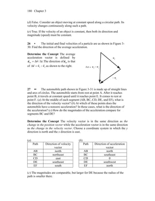 Chapter 3180
(d) False. Consider an object moving at constant speed along a circular path. Its
velocity changes continuously along such a path.
(e) True. If the velocity of an object is constant, then both its direction and
magnitude (speed) must be constant.
26 • The initial and final velocities of a particle are as shown in Figure 3-
30. Find the direction of the average acceleration.
Determine the Concept The average
acceleration vector is defined by
./av tΔΔ= va
rr
The direction of ava
r
is that
of ,if vvv
rrr
−=Δ as shown to the right.
fv
r
iv
r
−
v
r
fv
r
iv
r
−=Δ
27 •• The automobile path shown in Figure 3-31 is made up of straight lines
and arcs of circles. The automobile starts from rest at point A. After it reaches
point B, it travels at constant speed until it reaches point E. It comes to rest at
point F. (a) At the middle of each segment (AB, BC, CD, DE, and EF), what is
the direction of the velocity vector? (b) At which of these points does the
automobile have a nonzero acceleration? In those cases, what is the direction of
the acceleration? (c) How do the magnitudes of the acceleration compare for
segments BC and DE?
Determine the Concept The velocity vector is in the same direction as the
change in the position vector while the acceleration vector is in the same direction
as the change in the velocity vector. Choose a coordinate system in which the y
direction is north and the x direction is east.
(a)
Path Direction of velocity
vector
AB north
BC northeast
CD east
DE southeast
EF south
(b)
Path Direction of acceleration
vector
AB north
BC southeast
CD 0
DE southwest
EF north
(c) The magnitudes are comparable, but larger for DE because the radius of the
path is smaller there.
 