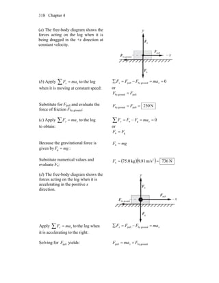 Chapter 4318
(a) The free-body diagram shows the
forces acting on the log when it is
being dragged in the +x direction at
constant velocity.
gF
r
nF
r
pullF
r
groundbyF
r
y
x
(b) Apply ∑ = xx maF to the log
when it is moving at constant speed:
0groundbypull ==−=∑ xx maFFF
or
pullgroundby FF =
Substitute for Fpull and evaluate the
force of friction Fby ground:
N250pullgroundby == FF
(c) Apply ∑ = yy maF to the log
to obtain:
0gn ==−=∑ yy maFFF
or
gn FF =
Because the gravitational force is
given by mgF =g :
mgF =n
Substitute numerical values and
evaluate Fn:
( )( ) N736m/s81.9kg0.75 2
n ==F
(d) The free-body diagram shows the
forces acting on the log when it is
accelerating in the positive x
direction.
gF
r
nF
r
pullF
r
groundbyF
r
y
x
Apply ∑ = xx maF to the log when
it is accelerating to the right:
xx maFFF =−=∑ groundbypull
Solving for pullF yields: groundbypull FmaF x +=
 