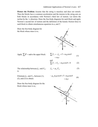 Additional Applications of Newton’s Laws 427
Picture the Problem Assume that the string is massless and does not stretch.
Then the blocks have a common acceleration and the tension in the string acts on
both blocks in accordance with Newton’s third law of motion. Let down the
incline be the +x direction. Draw the free-body diagrams for each block and apply
Newton’s second law of motion and the definition of the kinetic friction force to
each block to obtain simultaneous equations in ax and T.
Draw the free-body diagram for
the block whose mass is m1:
θ
T
m g
F
f
n, 1
1
k, 1
m1
x
y
Apply ∑ = aF
rr
m to the upper block:
am
gmTfFx
1
1k,1 sin
=
++−=∑ θ
(1)
and
0cos1n,1 =−=∑ θgmFFy (2)
The relationship between fk,1 and Fn,1
is:
n,1k,1k,1 Ff μ= (3)
Eliminate fk,1 and Fn,1 between (1),
(2), and (3) to obtain: am
gmTgm
1
11k,1 sincos
=
++− θθμ
(4)
Draw the free-body diagram for the
block whose mass is m2:
θ
n, 2
2
k, 2
F
m g2
2
f
T
m
y
x
 