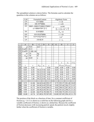 Additional Applications of Newton’s Laws 449
The spreadsheet solution is shown below. The formulas used to calculate the
quantities in the columns are as follows:
Cell Formula/Content Algebraic Form
C9 C8+$B$6 tt Δ+
D9 D8+F9*$B$6 tav Δ+
E9 $B$5−($B$3)*($B$2)*$B$5/
(1+$B$4*D9^2)^2 ( )224
k
1034.21 v
mg
F
−
×+
−
μ
F9 E10/$B$5 mF /net
G9 G9+D10*$B$6 tvx Δ+
K9 0.5*5.922*I10^2 2
2
1
at
L9 J10-K10 2xx −
A B C D E F G H I J
1 g= 9.81 m/s2
2 Coeff1= 0.11
3 Coeff2= 2.30E−04
4 m= 10 kg
5 Fapp= 70 N
6 Δt= 0.05 s
7
8 t x x2 x−x2
9 t v Fnet a, x variableμ constantμ
10 0.00 0.00 0.00 0.00 0.00 0.00 0.00
11 0.05 0.30 59.22 5.92 0.01 0.05 0.01 0.01 0.01
12 0.10 0.59 59.22 5.92 0.04 0.10 0.04 0.03 0.01
13 0.15 0.89 59.22 5.92 0.09 0.15 0.09 0.07 0.02
14 0.20 1.18 59.22 5.92 0.15 0.20 0.15 0.12 0.03
15 0.25 1.48 59.23 5.92 0.22 0.25 0.22 0.19 0.04
205 9.75 61.06 66.84 6.68 292.37 9.75 292.37 281.48 10.89
206 9.80 61.40 66.88 6.69 295.44 9.80 295.44 284.37 11.07
207 9.85 61.73 66.91 6.69 298.53 9.85 298.53 287.28 11.25
208 9.90 62.07 66.94 6.69 301.63 9.90 301.63 290.21 11.42
209 9.95 62.40 66.97 6.70 304.75 9.95 304.75 293.15 11.61
210 10.00 62.74 67.00 6.70 307.89 10.00 307.89 296.10 11.79
The position of the block as a function of time, for a constant coefficient of
friction (μk = 0.11) is shown as a solid line on the following graph and for a
variable coefficient of friction, is shown as a dotted line. Because the coefficient
of friction decreases with increasing particle speed, the particle travels slightly
farther when the coefficient of friction is variable.
 