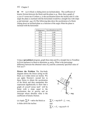 Chapter 5452
66 ••• (a) A block is sliding down an inclined plane. The coefficient of
kinetic friction between the block and the plane is μk. Show that a graph of
ax/cos θ versus tan θ (where ax is the acceleration down the incline and θ is the
angle the plane is inclined with the horizontal) would be a straight line with slope
g and intercept –μkg. (b) The following data show the acceleration of a block
sliding down an inclined plane as a function of the angle θ that the plane is
inclined with the horizontal:
θ (degrees) Acceleration (m/s2
)
25.0 1.69
27.0 2.10
29.0 2.41
31.0 2.89
33.0 3.18
35.0 3.49
37.0 3.79
39.0 4.15
41.0 4.33
43.0 4.72
45.0 5.11
Using a spreadsheet program, graph these data and fit a straight line (a Trendline
in Excel parlance) to them to determine μk and g. What is the percentage
difference between the obtained value of g and the commonly specified value of
9.81 m/s2
?
Picture the Problem The free-body
diagram shows the forces acting on the
block as it slides down an incline. We
can apply Newton’s second law to
these forces to obtain the acceleration
of the block and then manipulate this
expression algebraically to show that a
graph of a/cosθ versus tanθ will be
linear with a slope equal to the
acceleration due to gravity and an
intercept whose absolute value is the
coefficient of kinetic friction.
nF
r
θ x
y
kf
r
gmF
rr
=g
m
(a) Apply ∑ = aF
rr
m to the block as
it slides down the incline:
∑
∑
=−=
=−=
0cos
and
sin
n
k
θ
θ
mgFF
mafmgF
y
xx
 