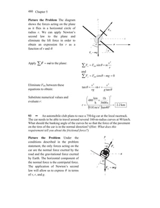 Chapter 5480
Picture the Problem The diagram
shows the forces acting on the plane
as it flies in a horizontal circle of
radius r. We can apply Newton’s
second law to the plane and
eliminate the lift force in order to
obtain an expression for r as a
function of v and θ.
liftF
r
gmF
rr
=g
θ
θ
x
y
r
Apply aF
rr
m=∑ to the plane:
r
v
mFFx
2
lift sin ==∑ θ
and
0coslift =−=∑ mgFFy θ
Eliminate Flift between these
equations to obtain: rg
v2
tan =θ ⇒
θtan
2
g
v
r =
Substitute numerical values and
evaluate r:
( ) km2.2
tan40m/s9.81
s3600
h1
h
km
480
2
2
=
°
⎟⎟
⎠
⎞
⎜⎜
⎝
⎛
×
=r
93 •• An automobile club plans to race a 750-kg car at the local racetrack.
The car needs to be able to travel around several 160-m-radius curves at 90 km/h.
What should the banking angle of the curves be so that the force of the pavement
on the tires of the car is in the normal direction? (Hint: What does this
requirement tell you about the frictional force?)
Picture the Problem Under the
conditions described in the problem
statement, the only forces acting on the
car are the normal force exerted by the
road and the gravitational force exerted
by Earth. The horizontal component of
the normal force is the centripetal force.
The application of Newton’s second
law will allow us to express θ in terms
of v, r, and g.
nF
r
x
y
θ
θ
gmF
rr
=g
 