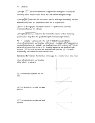Chapter 272
(a) Graph ( )d describes the motion of a particle with negative velocity and
increasing speed because v(t) is below the t axis and has a negative slope.
(b) Graph ( )b describes the motion of a particle with negative velocity and zero
acceleration because v(t) is below the t axis and its slope is zero.
(c) None of these graphs describe the motion of a particle with a variable
acceleration because v(t) is linear.
(d) Graphs ( ) ( )and dc describe the motion of a particle with an increasing
speed because they show the speed of the particle increasing with time.
34 •• Sketch a v-versus-t curve for each of the following conditions:
(a) Acceleration is zero and constant while velocity is not zero. (b) Acceleration is
constant but not zero. (c) Velocity and acceleration are both positive. (d) Velocity
and acceleration are both negative. (e) Velocity is positive and acceleration is
negative. (f) Velocity is negative and acceleration is positive. (g) Velocity is
momentarily zero but the acceleration is not zero.
Determine the Concept Acceleration is the slope of a velocity-versus-time curve.
(a) Acceleration is zero and constant
while velocity is not zero.
t
v
(b) Acceleration is constant but not
zero.
t
v
(c) Velocity and acceleration are both
positive.
t
v
(d) Velocity and acceleration are both
negative. t
v
 