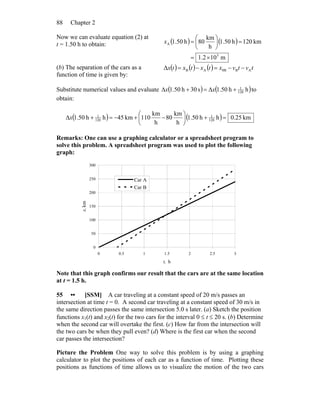Chapter 288
Now we can evaluate equation (2) at
t = 1.50 h to obtain: ( ) ( )
m102.1
km120h50.1
h
km
80h50.1
5
A
×=
=⎟
⎠
⎞
⎜
⎝
⎛
=x
(b) The separation of the cars as a
function of time is given by:
( ) ( ) ( ) tvtvxtxtxtx AB0BABΔ −−=−=
Substitute numerical values and evaluate ( ) ( )hh50.1s30h50.1 120
1
+Δ=+Δ xx to
obtain:
( ) ( ) km0.25hh50.1
h
km
80
h
km
110km45hh50.1 120
1
120
1
=+⎟
⎠
⎞
⎜
⎝
⎛
−+−=+Δx
Remarks: One can use a graphing calculator or a spreadsheet program to
solve this problem. A spreadsheet program was used to plot the following
graph:
0
50
100
150
200
250
300
0 0.5 1 1.5 2 2.5 3
t, h
x,km
Car A
Car B
Note that this graph confirms our result that the cars are at the same location
at t = 1.5 h.
55 •• [SSM] A car traveling at a constant speed of 20 m/s passes an
intersection at time t = 0. A second car traveling at a constant speed of 30 m/s in
the same direction passes the same intersection 5.0 s later. (a) Sketch the position
functions x1(t) and x2(t) for the two cars for the interval 0 ≤ t ≤ 20 s. (b) Determine
when the second car will overtake the first. (c) How far from the intersection will
the two cars be when they pull even? (d) Where is the first car when the second
car passes the intersection?
Picture the Problem One way to solve this problem is by using a graphing
calculator to plot the positions of each car as a function of time. Plotting these
positions as functions of time allows us to visualize the motion of the two cars
 