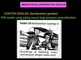 MENENTUKAN JAWAPAN DAN SOALAN



   CONTOH SOALAN: (berdasarkan gambar)
Pilih soalan yang paling sesuai bagi jawapan yang diberikan.
 