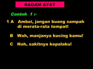 RAGAM AYAT

 Contoh 1 :-
1 A Amboi, jangan buang sampah
    di merata-rata tempat!

 B Wah, manjanya kucing kamu!

 C Nah, sakitnya kepalaku!
 