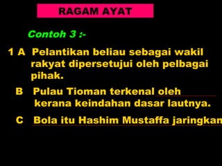 RAGAM AYAT

     Contoh 3 :-
1 A Pelantikan beliau sebagai wakil
    rakyat dipersetujui oleh pelbagai
    pihak.
 B    Pulau Tioman terkenal oleh
      kerana keindahan dasar lautnya.
 C    Bola itu Hashim Mustaffa jaringkan
 