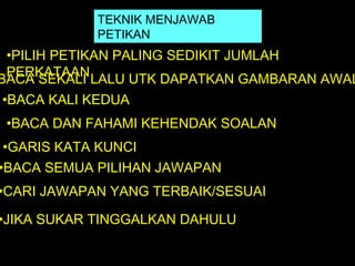 TEKNIK MENJAWAB
            PETIKAN
  •PILIH PETIKAN PALING SEDIKIT JUMLAH
  PERKATAAN
BACA SEKALI LALU UTK DAPATKAN GAMBARAN AWAL
 •BACA KALI KEDUA
 •BACA DAN FAHAMI KEHENDAK SOALAN
 •GARIS KATA KUNCI
•BACA SEMUA PILIHAN JAWAPAN
•CARI JAWAPAN YANG TERBAIK/SESUAI

•JIKA SUKAR TINGGALKAN DAHULU
 
