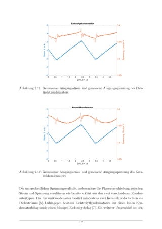 0 0,5 1 1,5 2 2,5 3 3,5 4 4,5
Zeit, t in s
-6
-4
-2
0
2
4
6
Strom,iLinA
3.25
3.3
3.35
3.4
Spannung,UoutinV
Elektrolytkondensator
Abbildung 2.12: Gemessener Ausgangsstrom und gemessene Ausgangsspannung des Elek-
trolytkondensators
0 0,5 1 1,5 2 2,5 3 3,5 4 4,5
Zeit, t in s
-6
-4
-2
0
2
4
6
Strom,iLinA
3.25
3.3
3.35
3.4
Spannung,UoutinV
Keramikkondensator
Abbildung 2.13: Gemessener Ausgangsstrom und gemessene Ausgangsspannung des Kera-
mikkondensators
Die unterschiedlichen Spannungsverläufe, insbesondere die Phasenverschiebung zwischen
Strom und Spannung resultieren wie bereits erklärt aus den zwei verschiedenen Konden-
satortypen. Ein Keramikkondensator besitzt mindestens zwei Keramikoxidschichten als
Dielektrikum [6]. Dahingegen besitzen Elektrolytkondensatoren nur einen festen Kon-
densatorbelag sowie einen ﬂüssigen Elektrolytbelag [7]. Ein weiterer Unterschied ist der,
17
 