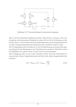 uG1(t)
RG1
RL1
RKoppel
LKoppel
uG2(t)
RG2
RL2
Abbildung 2.17: Veranschaulichung der galvanischen Kopplung.
Zuerst wird die galvanische Kopplung betrachtet. Diese kommt zu Stande, wenn zwei
Stromkreise einen gemeinsamen Bezugsleiter besitzen. Oft ist dies die Verbindung zur elek-
trischen Masse. In diesem Fall müssen der Koppelwiderstand und die Koppelinduktivität,
an denen ein Spannungsabfall (siehe Gleichung (2.10)) stattﬁndet beachtet werden.
Für die Entkopplung zweier Stromkreise ist eine Potentialtrennung notwendig. Dies kann
zum Beispiel mittels Optokopplern oder Transformatoren geschehen. Weiterhin besteht
die Möglichkeit zwei separate Leiter zu nutzen statt eines Gemeinsamen.
Eine Verkopplung sollte so gut es geht vermieden werden. Das kann durch dicke Lei-
terquerschnitte (kleiner Koppelwiderstand) und kurze Leiter (kleine Koppelinduktivität)
geschehen.
u(t) = RKoppel · i(t) + LKoppel ·
di(t)
dt
(2.10)
21
 