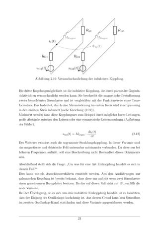 uG1(t)
RG1
MGegen
i1(t)
RL1
uG2(t)
RG2
MGegen
RL2
Φ12(t)
Abbildung 2.19: Veranschschaulichung der induktiven Kopplung.
Die dritte Kopplungsmöglichkeit ist die induktive Kopplung, die durch parasitäre Gegenin-
duktivitäten veranschaulicht werden kann. Sie beschreibt die magnetische Beeinﬂussung
zweier benachbarter Stromkreise und ist vergleichbar mit der Funktionsweise eines Trans-
formators. Das bedeutet, durch eine Stromänderung im ersten Kreis wird eine Spannung
in den zweiten Kreis induziert (siehe Gleichung (2.12)).
Minimiert werden kann diese Kopplungsart zum Beispiel durch möglichst kurze Leitungen,
große Abstände zwischen den Leitern oder eine symmetrische Leiteranordnung (Aufhebung
der Felder).
uind(t) = MGegen ·
di1(t)
dt
(2.12)
Des Weiteren existiert auch die sogenannte Strahlungskopplung. In dieser Variante sind
das magnetische und elektrische Feld untrennbar miteinander verbunden. Da diese nur bei
höheren Frequenzen auftritt, soll eine Beschreibung nicht Bestandteil dieses Dokuments
sein.
Abschließend stellt sich die Frage: „Um was für eine Art Einkopplung handelt es sich in
diesem Fall?“
Dies kann mittels Ausschlussverfahren ermittelt werden. Aus den Ausführungen zur
galvanischen Kopplung ist bereits bekannt, dass diese nur auftritt wenn zwei Stromkreise
einen gemeinsamen Bezugsleiter besitzen. Da das auf diesen Fall nicht zutriﬀt, entfällt die
erste Variante.
Bei der Überlegung, ob es sich um eine induktive Einkopplung handelt ist zu beachten,
dass der Eingang des Oszilloskops hochohmig ist. Aus diesem Grund kann kein Stromﬂuss
im zweiten Oszilloskop-Kanal stattﬁnden und diese Variante ausgeschlossen werden.
23
 