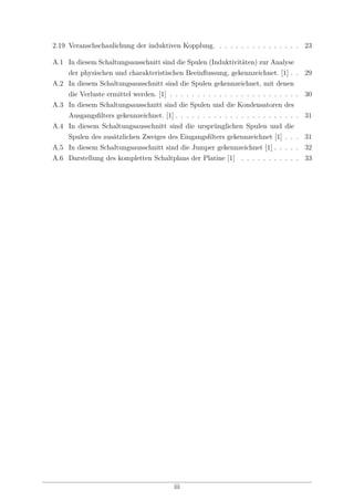 2.19 Veranschschaulichung der induktiven Kopplung. . . . . . . . . . . . . . . . 23
A.1 In diesem Schaltungsausschnitt sind die Spulen (Induktivitäten) zur Analyse
der physischen und charakteristischen Beeinﬂussung, gekennzeichnet. [1] . . 29
A.2 In diesem Schaltungsausschnitt sind die Spulen gekennzeichnet, mit denen
die Verluste ermittel werden. [1] . . . . . . . . . . . . . . . . . . . . . . . . 30
A.3 In diesem Schaltungsausschnitt sind die Spulen und die Kondensatoren des
Ausgangsﬁlters gekennzeichnet. [1] . . . . . . . . . . . . . . . . . . . . . . . 31
A.4 In diesem Schaltungsausschnitt sind die ursprünglichen Spulen und die
Spulen des zusätzlichen Zweiges des Eingangsﬁlters gekennzeichnet [1] . . . 31
A.5 In diesem Schaltungsausschnitt sind die Jumper gekennzeichnet [1] . . . . . 32
A.6 Darstellung des kompletten Schaltplans der Platine [1] . . . . . . . . . . . 33
iii
 