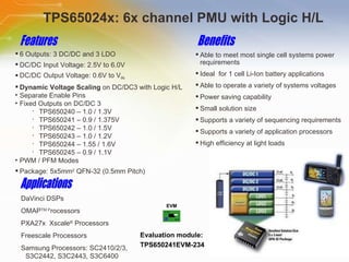 TPS65024x: 6x channel PMU with Logic H/L Able to meet most single cell systems power requirements Ideal  for 1 cell Li-Ion battery applications  Able to operate a variety of systems voltages Power saving capability Small solution size Supports a variety of sequencing requirements Supports a variety of application processors High efficiency at light loads 6 Outputs: 3 DC/DC and 3 LDO DC/DC Input Voltage: 2.5V to 6.0V DC/DC Output Voltage: 0.6V to V IN Dynamic Voltage Scaling  on DC/DC3 with Logic H/L Separate Enable Pins Fixed Outputs on DC/DC 3 TPS650240 – 1.0 / 1.3V TPS650241 – 0.9 / 1.375V TPS650242 – 1.0 / 1.5V TPS650243 – 1.0 / 1.2V TPS650244 – 1.55 / 1.6V TPS650245 – 0.9 / 1.1V PWM / PFM Modes Package: 5x5mm 2  QFN-32 (0.5mm Pitch) DaVinci DSPs OMAP TM P rocessors PXA27x  Xscale ®  Processors Freescale Processors Samsung Processors: SC2410/2/3, S3C2442, S3C2443, S3C6400 Evaluation module: TPS650241EVM-234  Features Benefits Applications EVM 