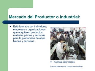 Mercado del Productor o Industrial: Está formado por individuos, empresas u organizaciones que adquieren productos, materias primas y servicios para la producción de otros bienes y servicios. Fabrica color shoes (compra materia prima y produce su material)   