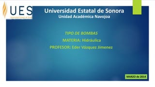 Universidad Estatal de Sonora 
Unidad Académica Navojoa 
TIPO DE BOMBAS 
MATERIA: Hidráulica 
PROFESOR: Eder Vázquez Jímenez 
MARZO de 2014 
 