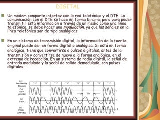 DIGITAL
Un módem comparte interfaz con la red telefónica y el DTE. La
comunicación con el DTE se hace en forma binaria, pero para poder
transmitir ésta información a través de un medio como una línea
telefónica, se debe hacer una modulación, ya que las señales en la
línea telefónica son de tipo analógicas.

En un sistema de transmisión digital, la información de la fuente
original puede ser en forma digital o analógica. Si está en forma
analógica, tiene que convertirse a pulsos digitales, antes de la
transmisión y convertirse de nuevo a la forma analógica, en el
extremo de recepción. En un sistema de radio digital, la señal de
entrada modulada y la sedal de salida demodulada, son pulsos
digitales.
 