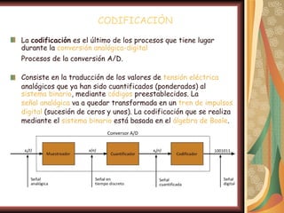 CODIFICACIÒN

La codificación es el último de los procesos que tiene lugar
durante la conversión analógica-digital
Procesos de la conversión A/D.

Consiste en la traducción de los valores de tensión eléctrica
analógicos que ya han sido cuantificados (ponderados) al
sistema binario, mediante códigos preestablecidos. La
señal analógica va a quedar transformada en un tren de impulsos
digital (sucesión de ceros y unos). La codificación que se realiza
mediante el sistema binario está basada en el álgebra de Boole.
 