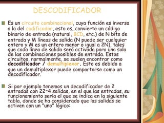 DESCODIFICADOR
Es un circuito combinacional, cuya función es inversa
a la del codificador, esto es, convierte un código
binario de entrada (natural, BCD, etc.) de N bits de
entrada y M líneas de salida (N puede ser cualquier
entero y M es un entero menor o igual a 2N), tales
que cada línea de salida será activada para una sola
de las combinaciones posibles de entrada. Estos
circuitos, normalmente, se suelen encontrar como
decodificador / demultiplexor. Esto es debido a
que un demultiplexor puede comportarse como un
decodificador.

Si por ejemplo tenemos un decodificador de 2
entradas con 22=4 salidas, en el que las entradas, su
funcionamiento sería el que se indica en la siguiente
tabla, donde se ha considerado que las salidas se
activen con un "uno" lógico:
 