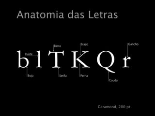 Anatomia das Letras
                            Anatomia das letras

                                                    Braço                 Gancho
                                Barra




       blTKQr     Haste




                     Bojo          Serifa           Perna
                                                                 Cauda




                                        Garamond, 200 pt.   Garamond, 200 pt
Wednesday, May 20, 2009
 