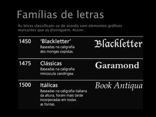 Famílias de letras
As letras classiﬁcam-se de acordo com elementos gráﬁcos
marcantes que as distinguem. Assim:
 