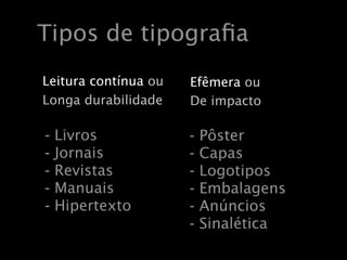 Tipos de tipograﬁa
Leitura contínua ou   Efêmera ou
Longa durabilidade    De impacto

-   Livros            -   Pôster
-   Jornais           -   Capas
-   Revistas          -   Logotipos
-   Manuais           -   Embalagens
-   Hipertexto        -   Anúncios
                      -   Sinalética
 