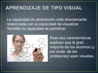 Esas dos características
explican que la gran
mayoría de los alumnos (y
por ende, de los
profesores) sean visuales.
La capacidad de abstracción está directamente
relacionada con la capacidad de visualizar.
También la capacidad de planificar.
 