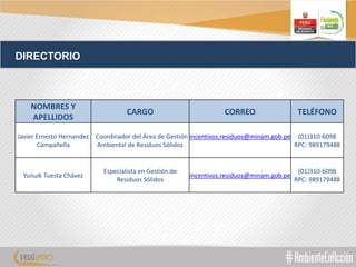 NOMBRES Y
APELLIDOS
CARGO CORREO TELÉFONO
Javier Ernesto Hernandez
Campañella
Coordinador del Área de Gestión
Ambiental de Residuos Sólidos
incentivos.residuos@minam.gob.pe (01)310-6098
RPC: 989179488
Yunuik Tuesta Chávez
Especialista en Gestión de
Residuos Sólidos
incentivos.residuos@minam.gob.pe
(01)310-6098
RPC: 989179488
DIRECTORIO
 