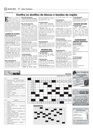 06     Jan/Fev 2013                        JORNAL TIPO CARIOCA

     Carnaval 2013

                           Confira os desfiles de blocos e bandas da região

E
        nquanto as escolas de              Dia 9 de fevereiro                    Percurso: concentração no posto 5, área de lazer. Horário: 16h – 18h.             17 de fevereiro
        samba vão dar mais um              • UNIDOS DAS ILHAS DA BARRA           com deslocamento até a Praia do                                                   • TÔ NO RECREIO - Percurso: con-
        show na apoteose, o car-           Percurso: Ilha Primeira, Marina dos Pepê. Horário: 13h – 17h.            9 de fevereiro                                 centração no posto 10 e des ile até
        naval de rua – como já é           Coqueiros. Horário: A partir das 13h.                                    • MUNDO ZEN - Percurso: o bloco                o posto 9. Horário: 16h – 19h.
de praxe – tem tudo para arrastar                                                12 de fevereiro                     icará parado no inal da ciclovia, em
uma legião de foliões na região da         Dia 10 de fevereiro                   • BLOCO DOS CACHAÇAS - frente ao último quiosque da praia                           VARGEM GRANDE
Barra, Recreio e Vargem Grande.            • BUDA DA BARRA - Percurso: 1- Percurso: icará parado em frente do Recreio, antes da subida para a                      10 de fevereiro
Con ira abaixo a programação dos           Lucio Costa, pista sentido Barra/ ao número 3602 da Lúcio Costa. Prainha. Horário: 10h – 13h;                           • UNIDOS DAS VARGENS -
blocos e bandas. Fique por dentro,         Recreio, no trecho entre a Rua Horário: 12h – 17h;                                                                      Percurso:     concentração     em
também, da ordem dos des iles do           Jornalista Pierre Plancher e o retor- • ENTORTA, MAS NÃO CAI - • XOKITO FOLIA - Percurso: Posto                         frente ao Bar do Carlinhos,
Grupo Especial, no Sambódromo.             no em frente ao nº 4350 (no senti- Percurso: o bloco icará parado e a 10, no quiosque do Carlinhos, o                   na altura do número 25.000
E bom carnaval!                            do do tráfego). 2- sentido Recreio/ concentração é na Lucio Costa, nú- Estação 10. Grupo de pagode Bom                  da Estrada dos Bandeirantes.
                                           Barra no trecho entre os retornos mero 4000, entre os postos 5 e 6. Boneco e vários convidados, com                     Horário: a partir das 23h30.
 BARRA DA TIJUCA                           existentes em frente aos números Horário: 17h – 20h;                     promoção da FM ODia. A Xokito Folia            * A escola também des ilará na Av.
Dia 2 de fevereiro                         4350 e 4000 (no sentido do tráfego). • TRIO TERNURA - Percurso: Av. do acontecerá nos quatro dias de carna-             Rio Branco, no sábado de carnaval,
• VEM CÁ ME DÁ Percurso: so-               3- pista sentido Barra/Recreio no Pepê, esquina com Érico Veríssimo, val. Horário: a partir das 13 horas.               dia 9.
mente na Av. Marechal Henrique             trecho entre o retorno em frente à seguindo sempre pela praia, até o
Lott, no entorno do canteiro central       edi icação nº 4000 e a Rua Jornalista Quebra-Mar. Horário: 12h – 17h.    10 de fevereiro
e da Praça Santander, no Parque            Pierre Plancher (no sentido do tráfe-                                    • ALEGRIA DO RECREIO - Percurso:                 SAMBÓDROMO
das Rosas. Horário: 14h – 22h;             go). Horário: 9h – 15h;               16 de fevereiro                    da Av. Glaucio Gil (posto 10) até o            (GRUPO ESPECIAL)
• BLOCO DO PRÍNCIPE - Percurso:            • BLOCO DO ARRANCA - Percurso: • GIRO DO ARAR - Percurso: Avenida posto 9. Horário: 14h – 18h;                          10 de fevereiro
parado, na Av. Belisário Leite, em         concentração na praia, em frente à Lucio Costa, altura da ponte Lucio • BANDA DO PONTAL - Percurso:                     (início: 21:00)
frente à Praça do Pomar. Horário:          Rua Olegário Maciel, com saída em Costa, e término na altura da Rua parado, na Rua DW esquina com Av.
                                                                                                                                                                   Inocentes de Belford Roxo
10h – 13h;                                 direção ao pier no inal da Av. do Olegário Maciel. Horário: 15h – 21h. Gilka Machado (Pontal). Horário:
                                                                                                                                                                   Salgueiro
• E DAÍ? - Percurso: início da Av.         Pepê. Horário: 12h – 18h;                                                18h – 20h.
do Pepê, esquina com a Érico               • NOSSO SONHO - Percurso: con-                                                                                          Unidos da Tijuca
                                                                                       RECREIO DOS                                                                 União da Ilha
Veríssimo, seguindo pela praia até         centração no posto 5 e término na                                        12 de fevereiro
o Quebra-Mar. Horário: 11h – 16h;          Avenida do Pepê. Horário: 14h – 17h.      BANDEIRANTES                   • MUNDO ZEN - Percurso: O bloco                Mocidade Independente de Padre
• ENTORTA, MAS NÃO CAI -                                                         1º de fevereiro                     icará parado no inal da ciclovia, em          Miguel
Percurso: o bloco icará parado e a         11 de fevereiro                       • EU VOU, MAS EU VOLTO - frente ao último quiosque da praia                       Portela
concentração é na Lucio Costa, nú-         • BANDA DO RIVIERA - Percurso:        Percurso: área de lazer da praia. do Recreio, antes da subida para a
mero 4000, entre os postos 5 e 6.          concentração e chegada: Rosalinda Horário: 16h – 18h.                    Prainha. Horário: 10h – 13h;                   11 de fevereiro
Horário: 17h – 20h.                        Brand, Celso Kelly, Afrânio Costa,                                       • ALEGRIA DO RECREIO - Percurso:               (início: 21:00)
                                           Prefeito Dulcídio Cardoso e Rosalina 3 de fevereiro                      da Av. Glaucio Gil (posto 10) até o
                                                                                                                                                                   São Clemente
Dia 3 de fevereiro                         Brand. Horário: 14h – 19h;            • PRINCESINHA DO RECREIO - posto 9. Horário: 14h – 18h;
                                                                                                                                                                   Mangueira
• BANDA DA BARRA Percurso: na              • ISBARRA QUE EU GOSTO                Percurso: Av. Lucio Costa, do pos- • OBA OBA DO RECREIO - Percurso:
avenida Lucio Costa: saída na altu-        Percurso: Av. Lucio Costa em fren- to 10 ao posto 9 pela área de lazer. concentração na Lucio Costa, em                 Beija-Flor
ra do posto 6, em frente ao bondi-         te ao posto 5 e segue até o posto 2. Horário: 12h – 18h;                 frente à Av. Glaucio Gil, com deslo-           Grande Rio
nho da Banda da Barra, em direção          Horário: 15h – 20h;                   • EU VOU, MAS EU VOLTO - Percurso: camento até a Av. Pedro Moura, em              Imperatriz Leopoldinense
à Praça do Ó. Horário: 12h - 19h.          • SAMBA DE SANTA CLARA - Av. Lucio Costa, do posto 10 ao 9, pela frente ao posto 9. Horário: 16h – 18h.                 Vila Isabel.




                                                                                                                                                                                var.imagens
                                                                                                                                                 Reinaldo
                                                                                                                                                                            Vicente Rodrigues
                                                                                                                          enigmadorei@gmail.com | (19) 3257-1381                     fotógrafo

Nº                   Horizontais
                                                                    1         2       3         4       5         6        7            8        9        10                        nes:
                                                                                                                                                                             Telefo 3406-1804
1     MEDIDA DE IDADE - TEM POUCO TEMPO                                                                                                                                               /
                                                                                                                                                                              9-0117 s:

2
      UMA LETRA - HOMENS BELOS, FORTES E                  1        F                  A         N       O                 N             O        V         O       (021) 2
                                                                                                                                                                           45        re
                                                                                                                                                                              Celula 7614-7188
                                                                                                                                                                                   000 /
      ELEGANTES                                                                                                                                                             395-2
                                                                                                                                                                    (021) 9
3     MOEDA ITALIANA - O MAIOR CONTINENTE
                                                          2        E                                                                                                  var.im
                                                                                                                                                                                      hotma
                                                                                                                                                                                            il.com
                                                                                                                                                                             agens@ gmail.com
                                                                                                                                                                                    tes@
                                                                                                                                                                               aslen
4     PESSOAS INTENSAMENTE ADMIRADAS                      3        L                                                                                                  magod

5     JOÃO-NINGUÉM - NOTA MUSICAL - OBSTAR
6     VIA PÚBLICA URBANA
                                                          4        I
7     DISPNEIAS                                           5        Z
8     TOMBA - CORRETOS                                    6
9     ANDAR - CLASSE
      NASCIDO NO RIO DE JANEIRO - AMAZONAS                7
10
      (sigla)
                                                          8
Nº                    Verticais                           9                                                                T            I        P         O
      DITOSO - INSTITUTO DE COMPUTAÇÃO DA
1
      UNICAMP                                             10       C          A       R         I       O         C        A
2     CHEFE - FEDOR

3
      DESIGNATIVO DO AR           -     EXPRESSÃO                       RESPOSTA:
      MINEIRA                                                            M        A        A        C   O     I       R     A      C        10
      PRINCIPIO ESPIRITUAL DO HOMEM - DOIS
4                                                                        O        P   I    T            R     I             C                9
      ROMANOS
                                                                         S        O   T    A        X   E             I     A      C         8
      SUFIXO FEMININO    - OPERADORA DE
5
      CELULAR - SEM MISTURA
                                                                                  S         S       A   M     S       A             I        7
                                                                         E            O             P         A       U     R                6
6     FERRAMENTAS AGRICOLAS - PAZ (latim)
                                                                         R        O   P    O            I     M             E      Z         5
7     LAÇOS APERTADOS - DIABO
                                                                         C            M             S   O     L       O     D       I        4
      HABITAÇÃO DOS DEUSES            - SIMBOLO DO
8
      TITÂNIO
                                                                                  A   I     S       A         A       R     I      L         3
                                                                         S        O   L    O        P   A             E     L      E         2
      MOVE-SE POR MEIO DE ASAS            - CALDO
9
      ALIMENTAR                                                          O        V   O    N            O     N       A            F         1
      VOGAL LABIAL (plural) - ACREDITA            -                      10       9   8     7       6   5     4       3     2      1
10
      EMISSÃO DE VOZ
 