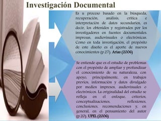 Investigación Documental
Es u proceso basado en la búsqueda,
recuperación, análisis, crítica e
interpretación de datos secundarios, es
decir, los obtenidos y registrados por los
investigadores en fuentes documentales:
impresas, audiovisuales o electrónicas.
Como en toda investigación, el propósito
de este diseño es el aporte de nuevos
conocimientos (p.27). Arias (2006)
Se entiende que es el estudio de problemas
con el propósito de ampliar y profundizar
el conocimiento de su naturaleza, con
apoyo, principalmente, en trabajos
previos, información y datos divulgado
por medios impresos, audiovisuales o
electrónicos. La originalidad del estudio se
refleja en el enfoque, criterios,
conceptualizaciones, reflexiones,
conclusiones, recomendaciones y, en
general, en el pensamiento del autor
(p.20). UPEL (2006)
 