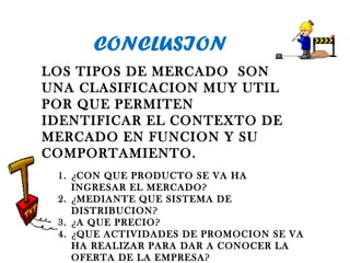 CONCLUSION LOS TIPOS DE MERCADO  SON UNA CLASIFICACION MUY UTIL POR QUE PERMITEN IDENTIFICAR EL CONTEXTO DE MERCADO EN FUNCION Y SU COMPORTAMIENTO.  ¿CON QUE PRODUCTO SE VA HA INGRESAR EL MERCADO?  ¿MEDIANTE QUE SISTEMA DE DISTRIBUCION? ¿A QUE PRECIO? ¿QUE ACTIVIDADES DE PROMOCION SE VA HA REALIZAR PARA DAR A CONOCER LA OFERTA DE LA EMPRESA? 