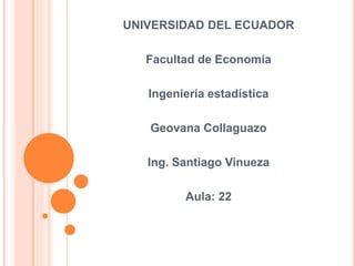 UNIVERSIDAD DEL ECUADOR
Facultad de Economía
Ingeniería estadística
Geovana Collaguazo
Ing. Santiago Vinueza
Aula: 22
 