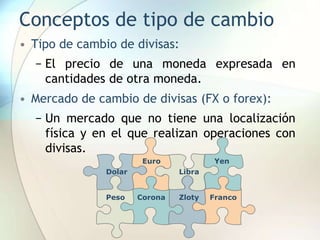 Conceptos de tipo de cambio
• Tipo de cambio de divisas:
− El precio de una moneda expresada en
cantidades de otra moneda.
• Mercado de cambio de divisas (FX o forex):
− Un mercado que no tiene una localización
física y en el que realizan operaciones con
divisas.
Euro
Corona
Libra
Zloty
Yen
Franco
Dolar
Peso
 