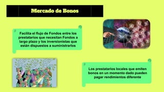Mercado de Bonos
Facilita el flujo de Fondos entre los
prestatarios que necesitan Fondos a
largo plazo y los inversionistas que
están dispuestos a suministrarlos
Los prestatarios locales que emiten
bonos en un momento dado pueden
pagar rendimientos diferente
 